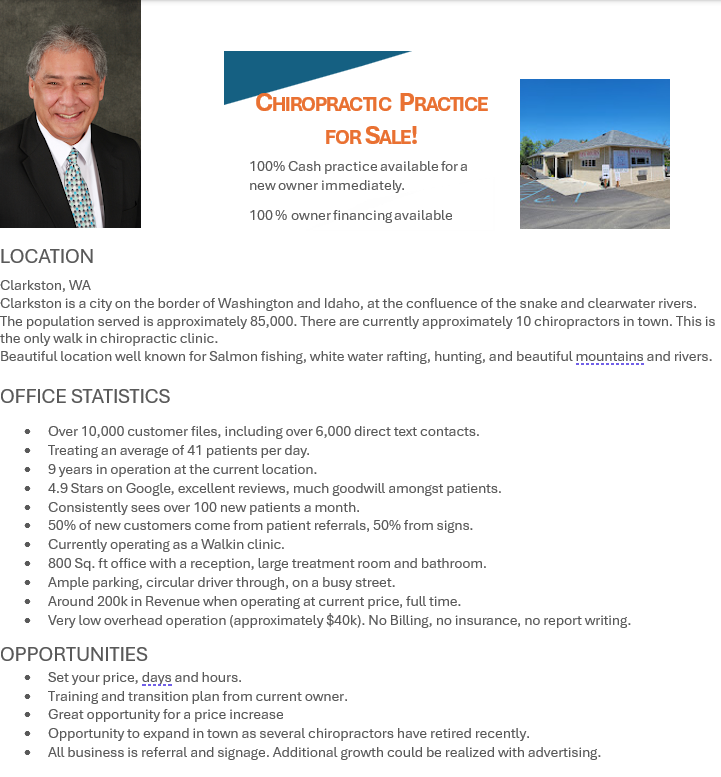 All cash practice for sale – 100% owner financing or “work to own” options available.