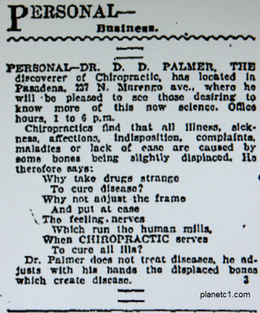 DD Palmer Los Angeles Chiropractics 1902 ad